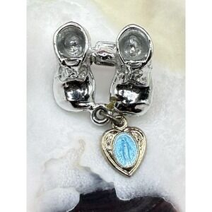 Vtg religious blue enamel baby shoes Miraculous Virgin Mary medal pin brooch